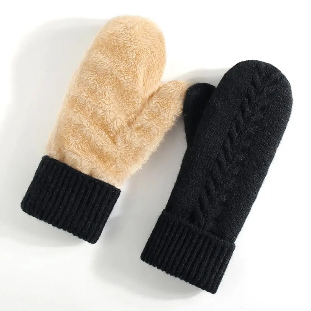 Double-Layer Mittens with Fleece Lining Winter Gloves for Women Warm Knitted Mittens Winter Sports | Sansoti