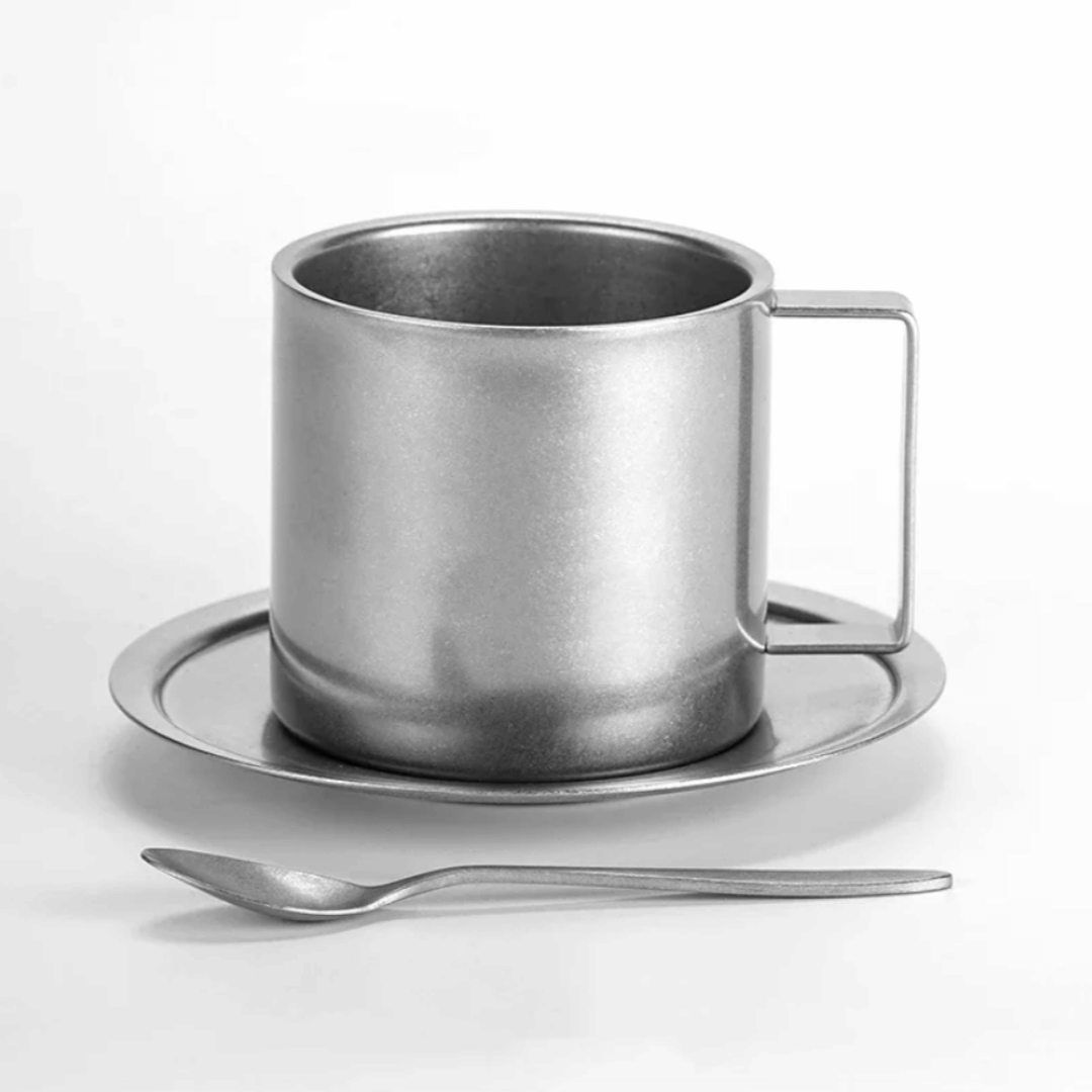 Doppelwandige Kaffeetasse aus Edelstahl mit Untertasse und Löffel, Vintage-Stil, Set, 180-280ml Cappuccino Espresso | Sansoti