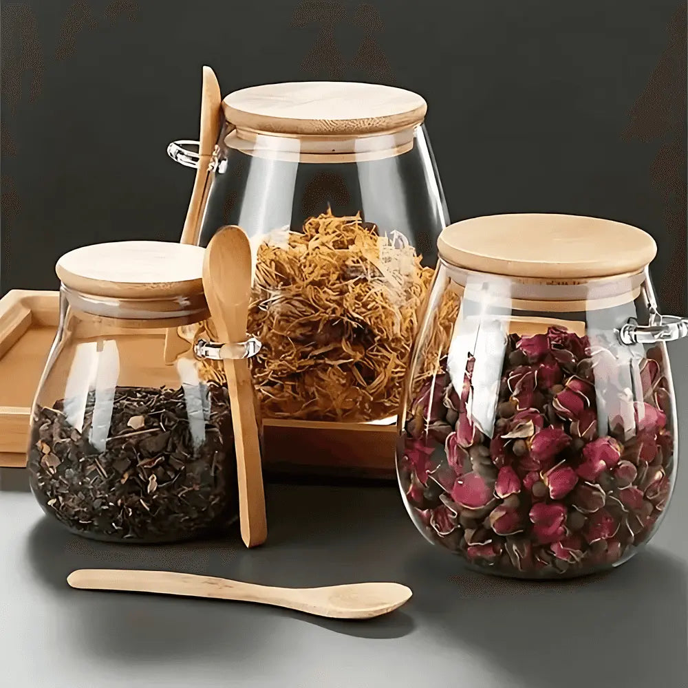 Vorratsgläser mit Bambusdeckel Luftdicht Kaffee Tee Müsli Küchen Set | Restfield