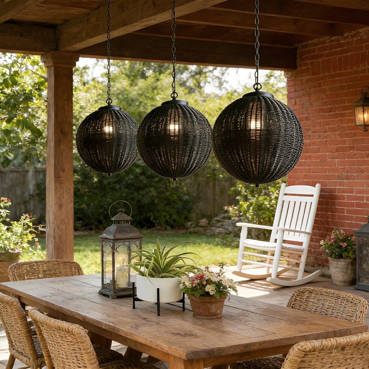 Hanglamp Buiten Rotan Zwart E27 Tuin Retro Ronde Buitenlamp Verstelbaar Snoer Patio Veranda Buitenverlichting Landelijk | Sansoti