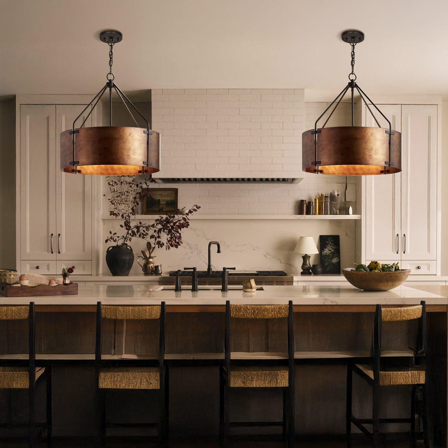 Industriële Hanglamp Trommel Roest Brons Metalen Kap 4 Lichtpunten Vintage Design Keukeneiland Eettafel Eetkamer | Sansoti