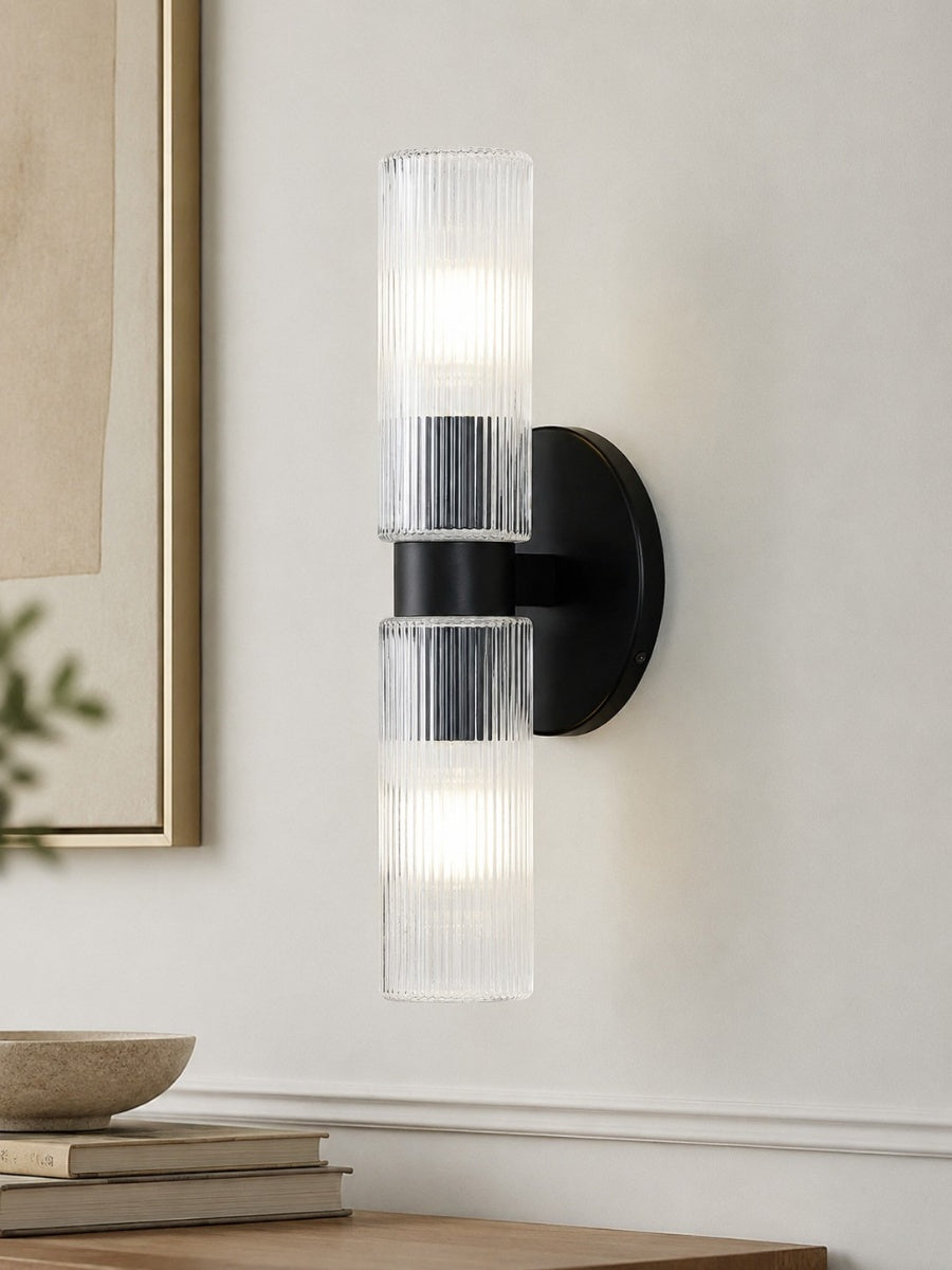 Wandlamp met dubbele geribbelde glazen buizen – hedendaagse wandverlichting voor hal en entree | Sansoti