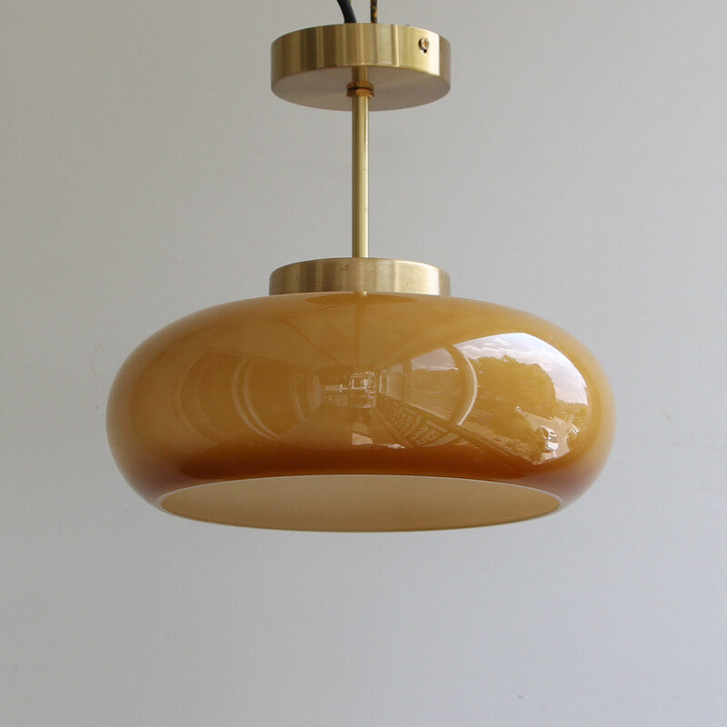 Vintage Plafondlamp van Geel Glas met Messing | Semi-Flush LED Plafondverlichting | Sansoti
