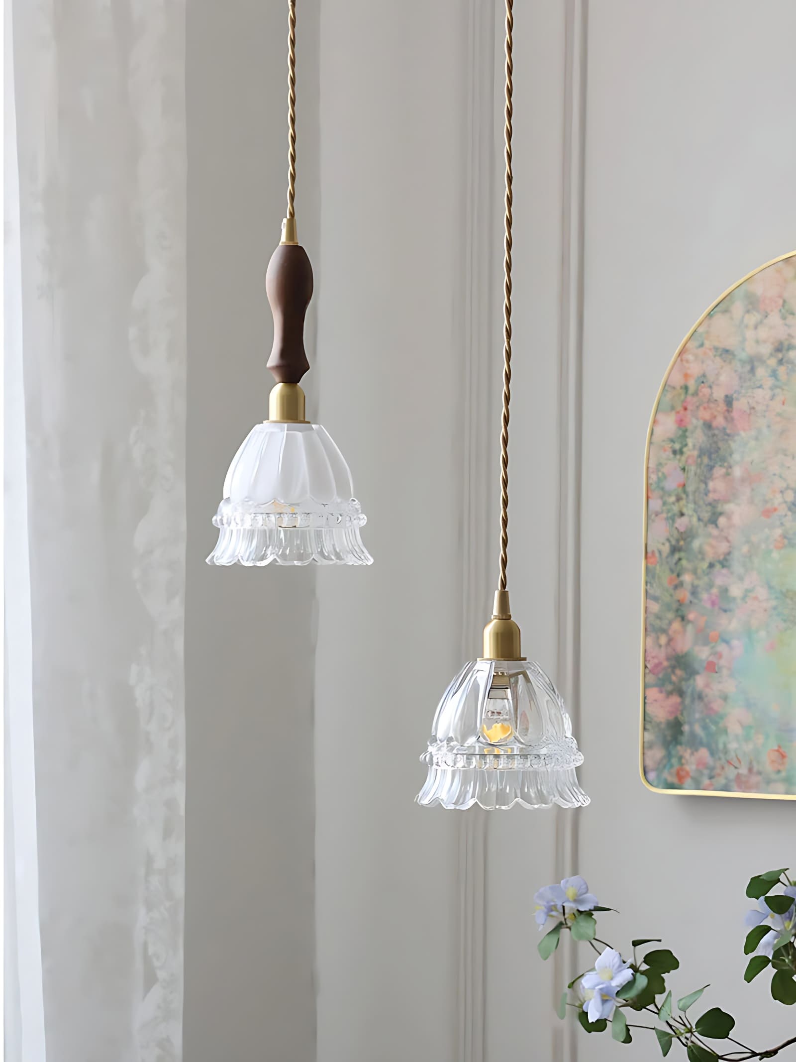 Franse Landelijke Hanglamp Glazen Kap Kwallen Design Transparant of Amber met Walnoot Greep Sfeerverlichting Eetkamer Elegante Plafondlamp | Sansoti