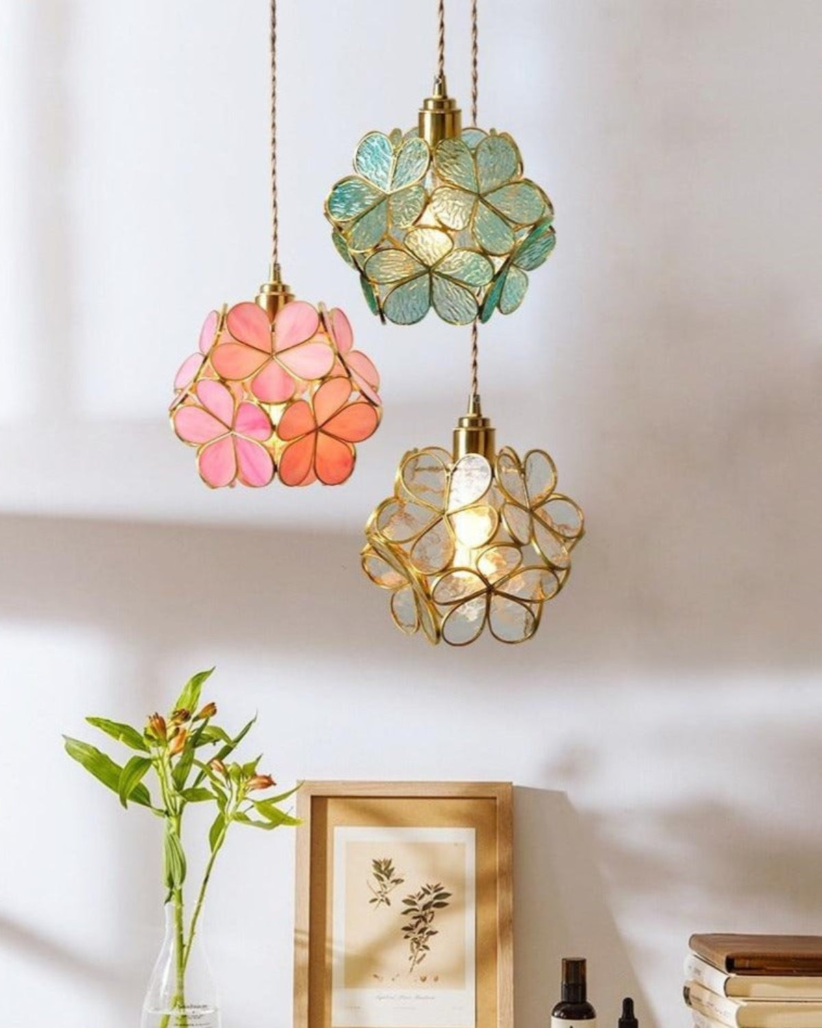 Handgemaakte Hanglamp met Acryl Bloem en IJzeren Frame Transparant Roze Blauw Beige voor Eetkamer Woonkamer Slaapkamer | Sansoti