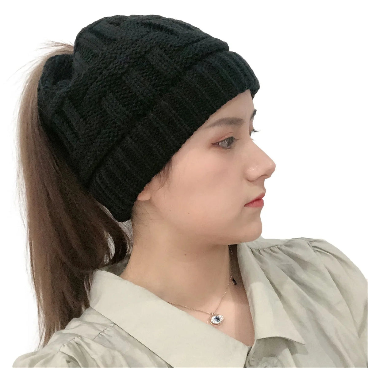 Bonnet d’hiver tricoté avec ouverture pour queue de cheval pour femmes, bonnet chaud, bonnet de ski, accessoire d’hiver pour l’extérieur | Sansoti