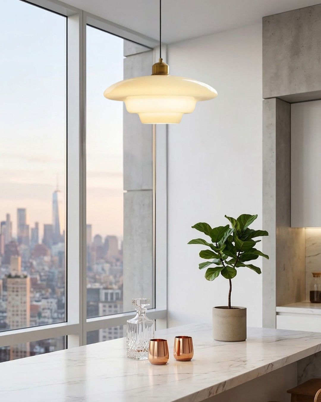 TINA Hanglamp – Mid-Century Melkwit Glas met Geborsteld Messing | Moderne Eetkamer & Keukenverlichting | Verstelbaar | E27 Fitting | Sansoti