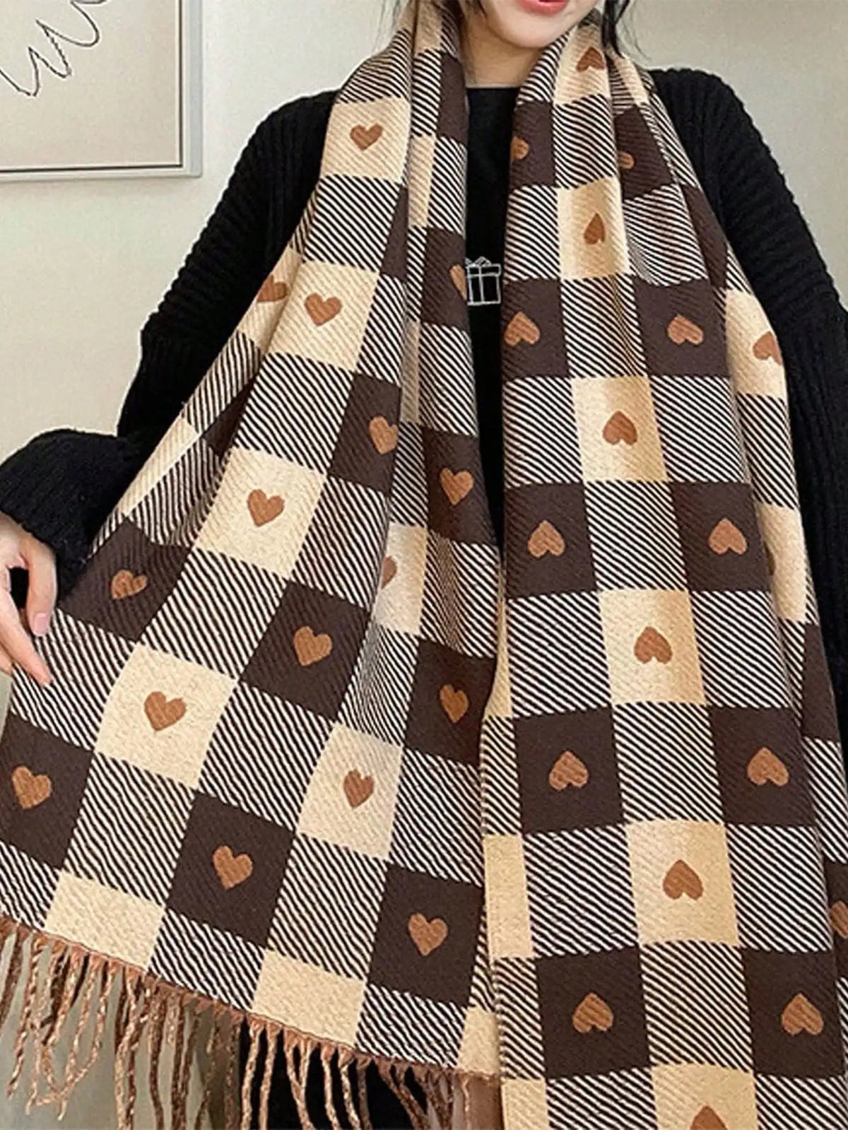 Knitted Winter Scarf with Heart Pattern 200x70cm Woolen Wrap Women's Autumn Winter Warm Accessory | Sansoti