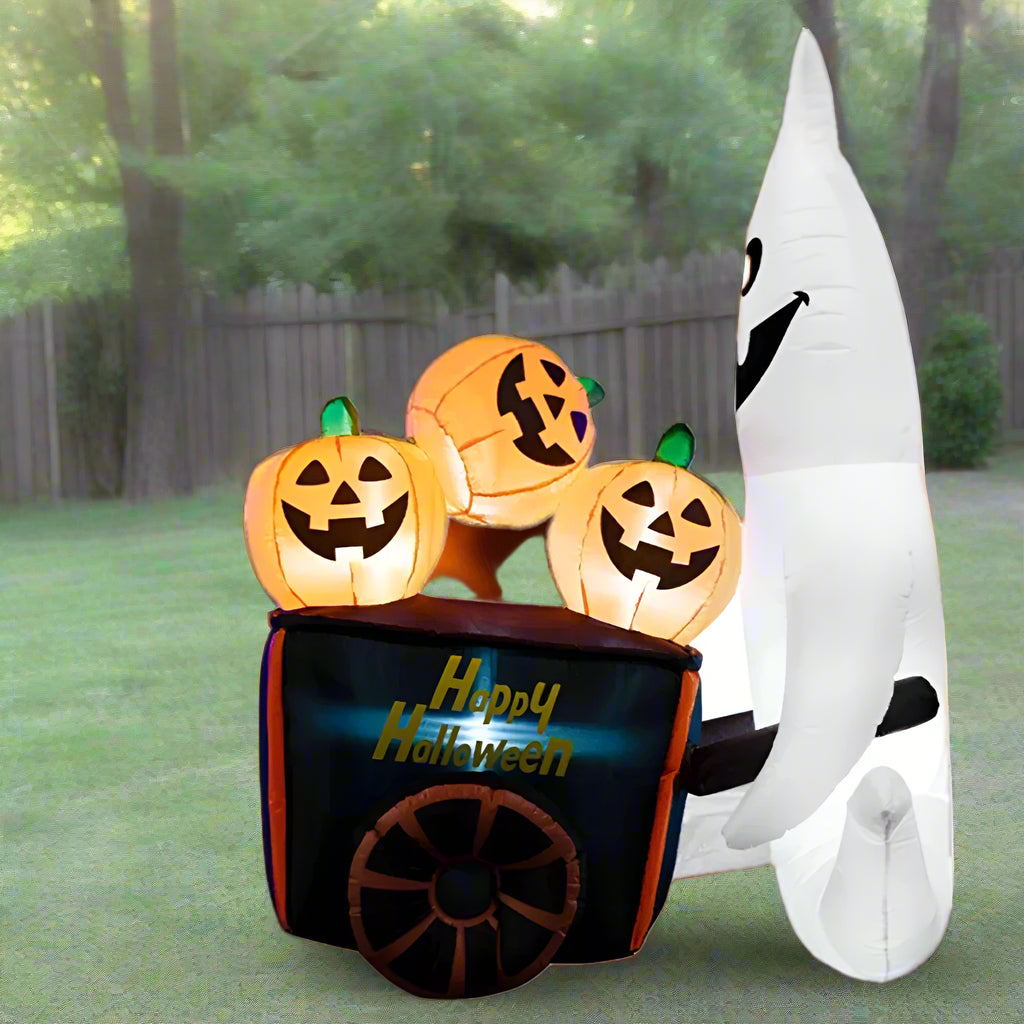 Opblaasbare Halloween Spook met Pompoenwagen 180cm LED Verlichting Tuindecoratie Feest Buiten Horror Decoratie | Sansoti