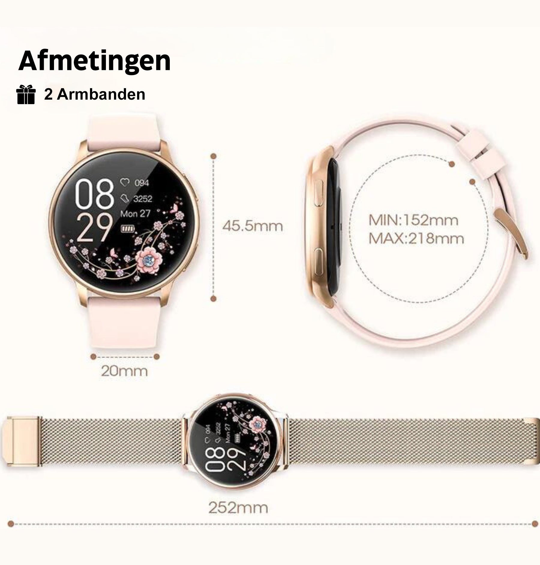 Smartwatch Dames met Hartslagmeter en Belfunctie — Fitness Tracker Bluetooth Stappenteller Slaapmonitoring Bloedzuurstofmeting | Sansoti