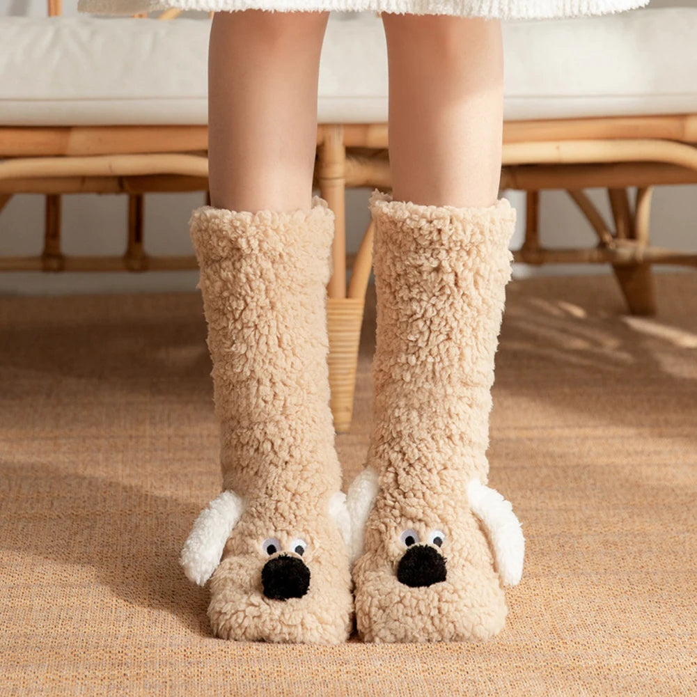 Plush house socks with dog motif for warm feet and legs, women's winter non-slip comfort socks, house socks | Sansoti