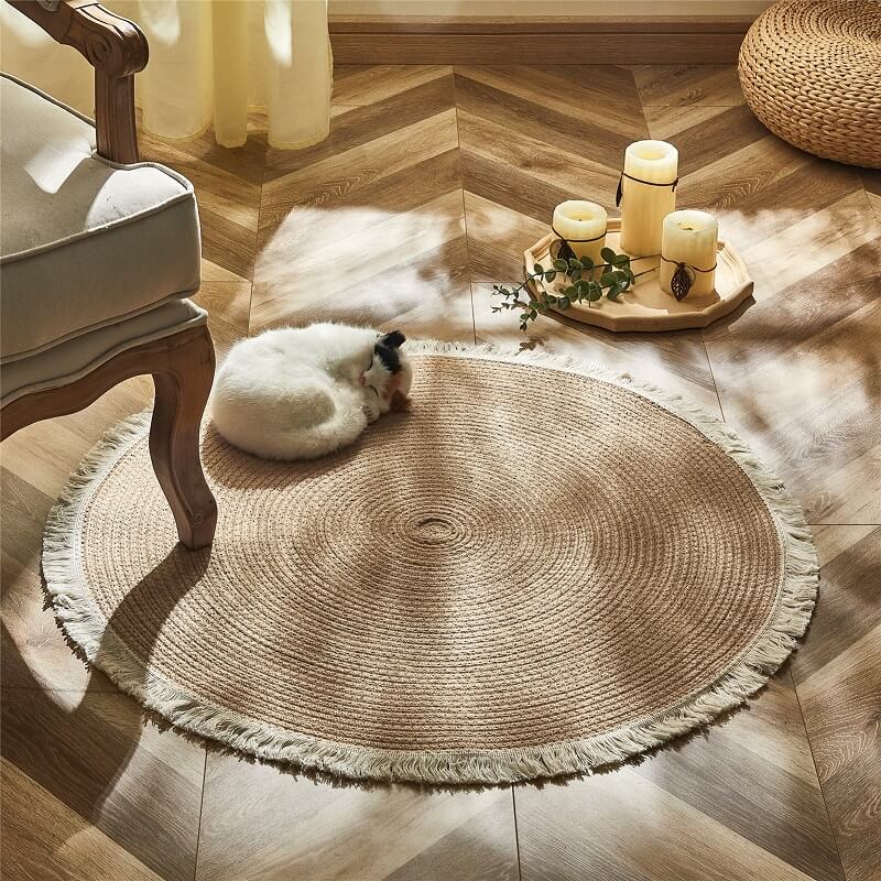 Pleciony okrągły dywan jutowy z włókien naturalnych, dwustronny, beżowo-czarny, 45-120 cm, ręcznie wykonany, w stylu boho | Sansoti