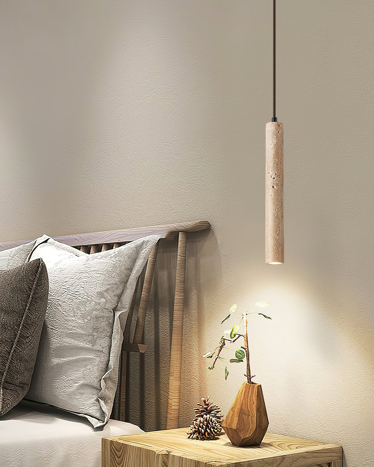 Natuurlijke travertin hanglamp met cilindervormig design voor eetkamer en hal – Japandi natuursteen verlichting | Sansoti