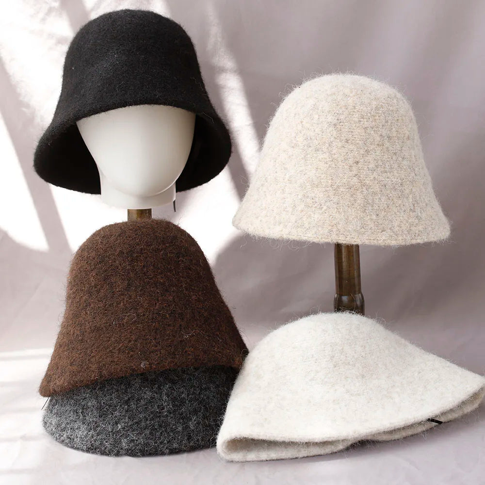 Wool Bucket Hat for Women Fisherman Hat Winter Warm Wool Texture Foldable Retro Vintage Style Casual Hat | Sansoti