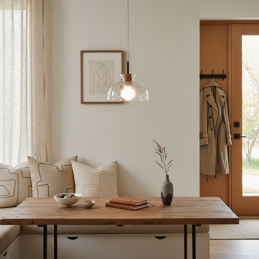 Glazen Hanglamp met Geslepen Koepel en Houten Accenten – Rustieke Eethoekverlichting | Sansoti