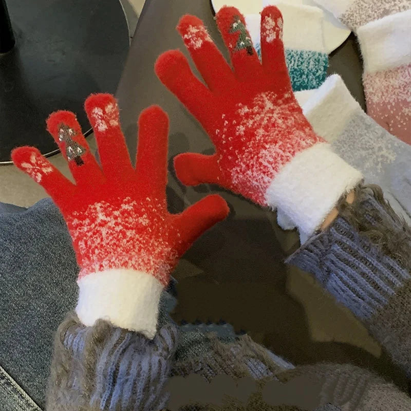 Convertible Knitted Fingerless Gloves Fleece-Lined Winter Mittens Warm Festive Women Men | Sansoti