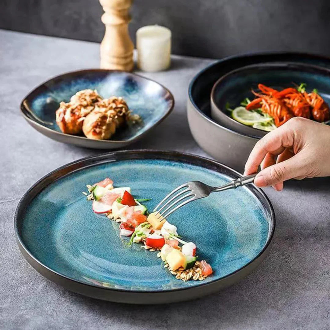 Serviesgoed Set 11-Delig Turquoise Geglazuurd Porselein Handgemaakt Rustiek Eetservies Borden Kommen Dinerborden Dessertborden | Sansoti