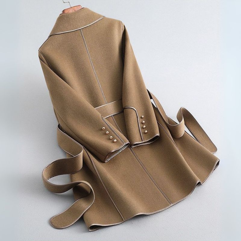 Długi wełniany trencz damski z paskiem, klasyczny płaszcz zimowy, Camel, Czarny, Zielony, Brązowy XS-3XL Elegancki | Sansoti