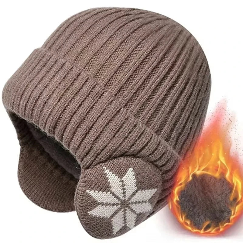 Gestrickte Wintermütze mit Ohrenklappen Unisex Warme Beanie Weiches Futter Schneeflockenmuster Wintersport | Sansoti