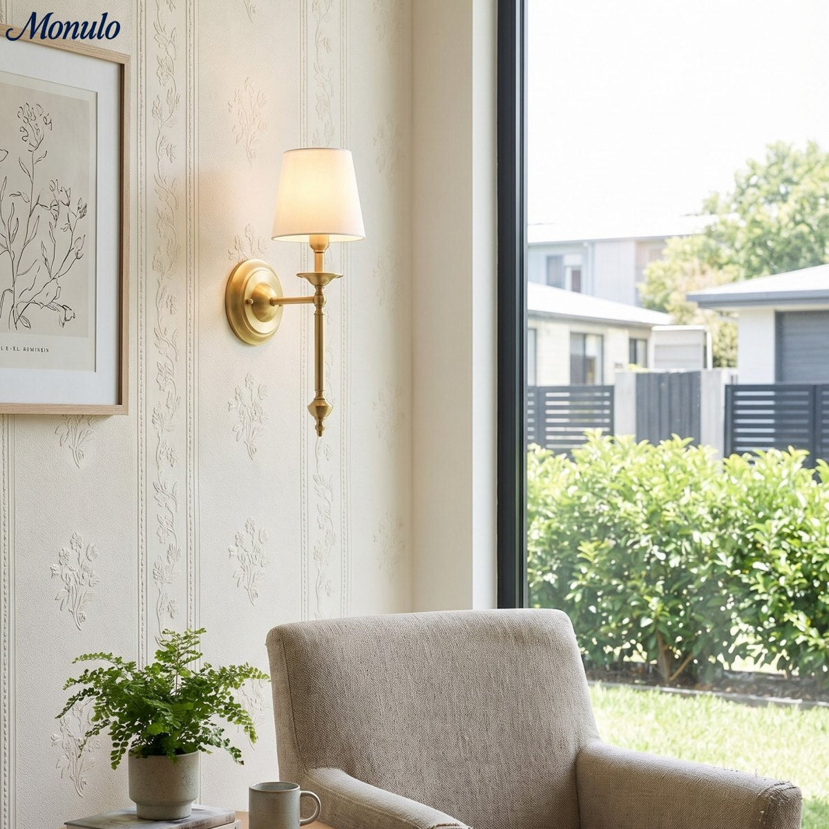 Stoffen Wandlamp met Vintage Koperen Afwerking – Sfeervolle Verlichting voor Hal, Slaapkamer en Woonkamer | Sansoti