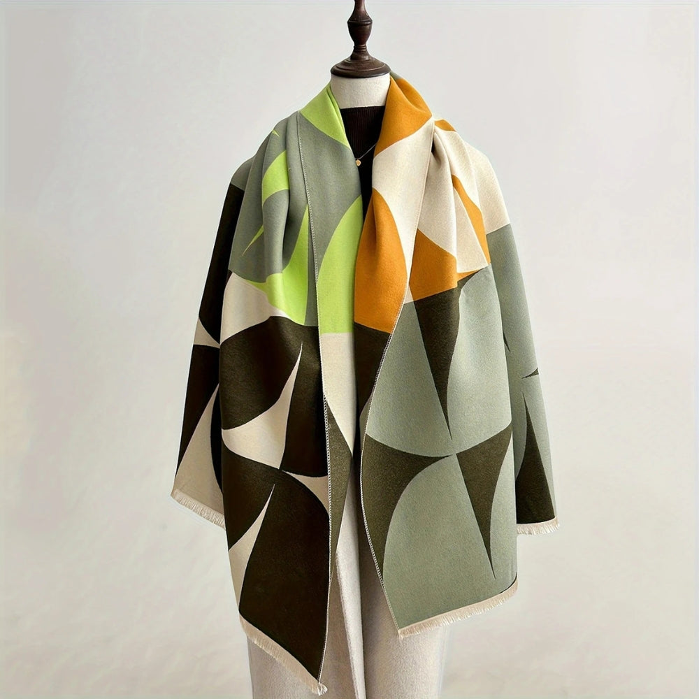 Omkeerbare Sjaal met Geometrisch Blokdesign Warm Zachte Microvezel Poncho voor Herfst en Winter | Sansoti