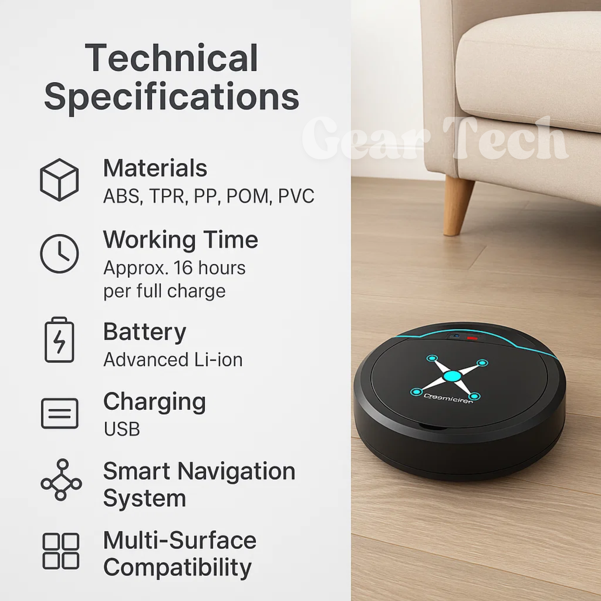 Autonome Robotstofzuiger met Slimme Navigatie en 16 Uur Accuduur | Automatische Stofzuiger voor Harde Vloeren Hout Vinyl Tegel Marmer USB Oplaadbaar Stil | Sansoti