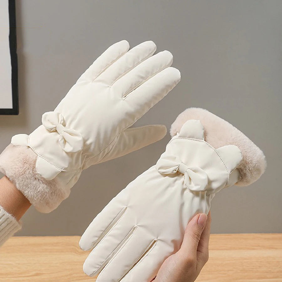 Touchscreen Winter Gloves for Women, Waterproof, Thermally Insulated, with Bow Decoration, One Size, Warm | Sansoti