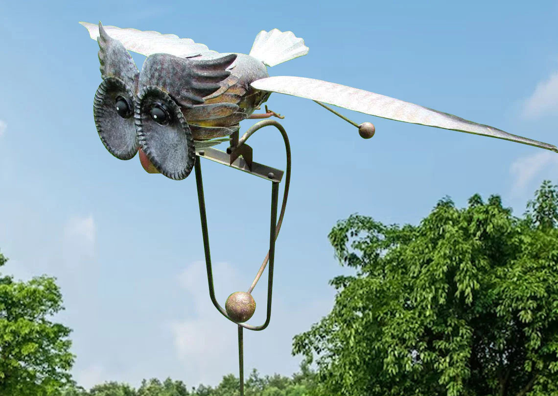 Metalen Vogel Windmolen Tuin Decoratie Weerbestendig Zilver Buiten Tuinornament Bewegende Vleugels Windspinner | Sansoti