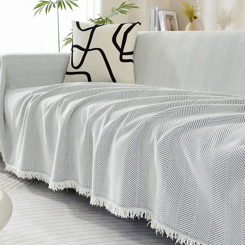 Chenille Plaid met Visgraatpatroon en Kwasten – Zachte Bankdeken 180x130cm – Decoratief Woonkleed voor Sofa | Sansoti
