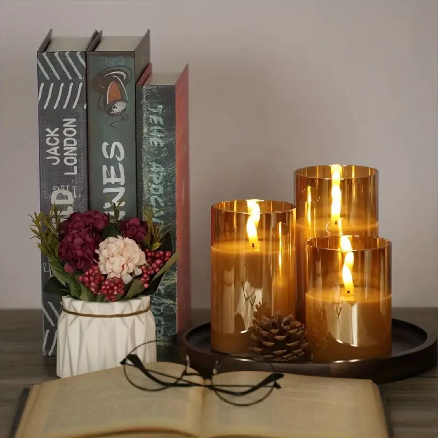 Bougies LED avec télécommande verre noir éclairage d’ambiance set minuterie intérieur moderne salon chambre décoration effet flamme réaliste | Restfield