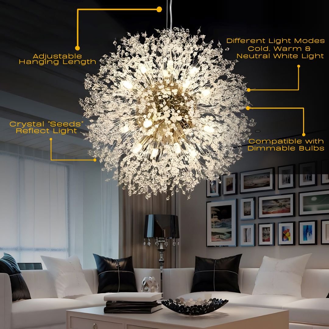Lustre moderne en cristal pissenlit avec LED G9 et finition métal de luxe | Restfield