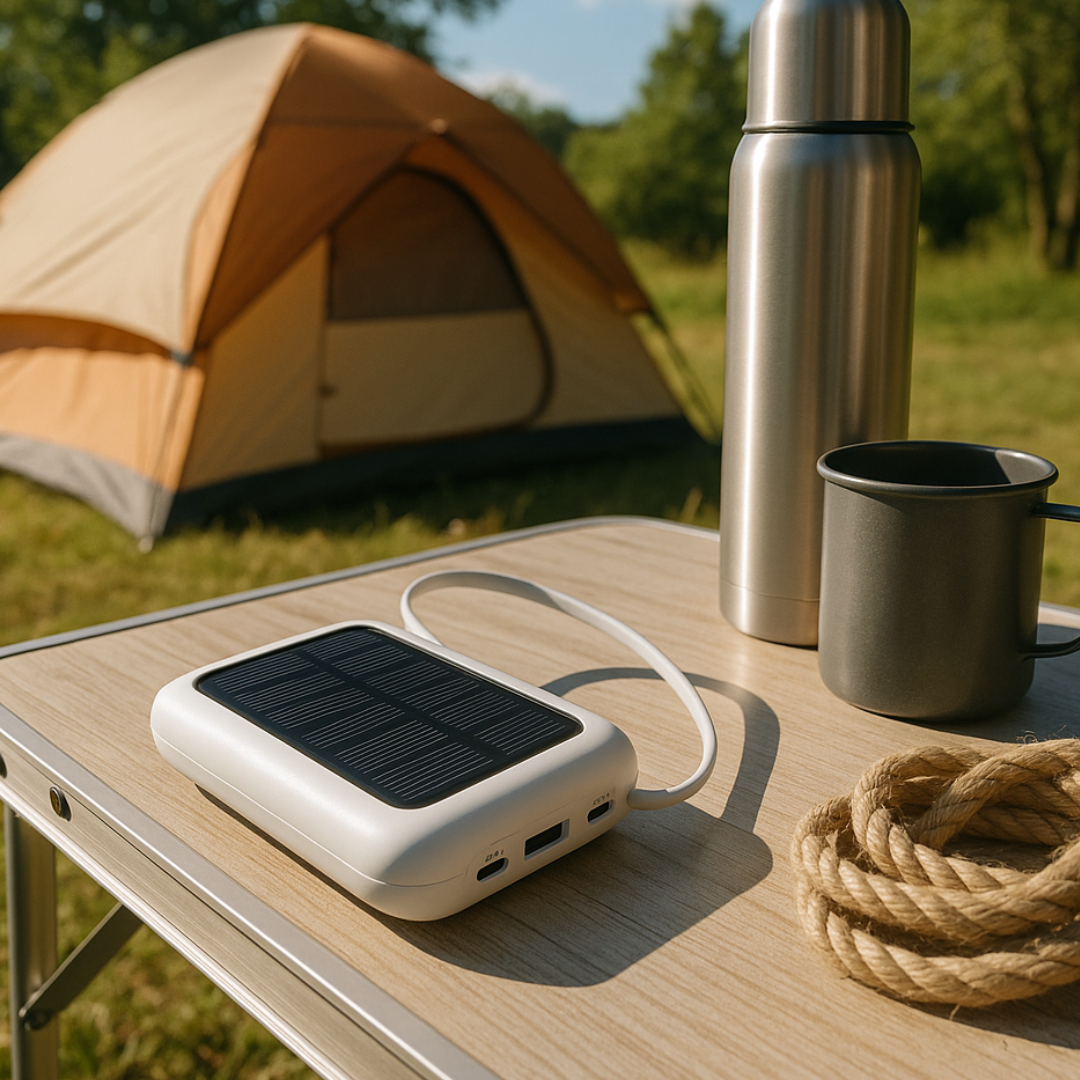 Oplaadbare Powerbank 20000mAh met Zonnepaneel, LED-Zaklamp en Ingebouwde Kabels – Draagbare Noodaccu met Dubbele USB- en Type-C-Aansluiting voor Smartphone en Tablet | Sansoti