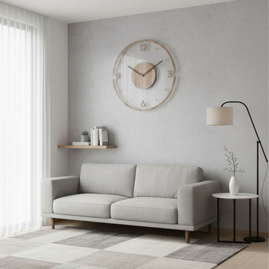 Stille Wandklok 30cm Acryl & Hout Geruisloos Uurwerk Scandinavisch Design Woonkamer Slaapkamer Kantoor | Sansoti