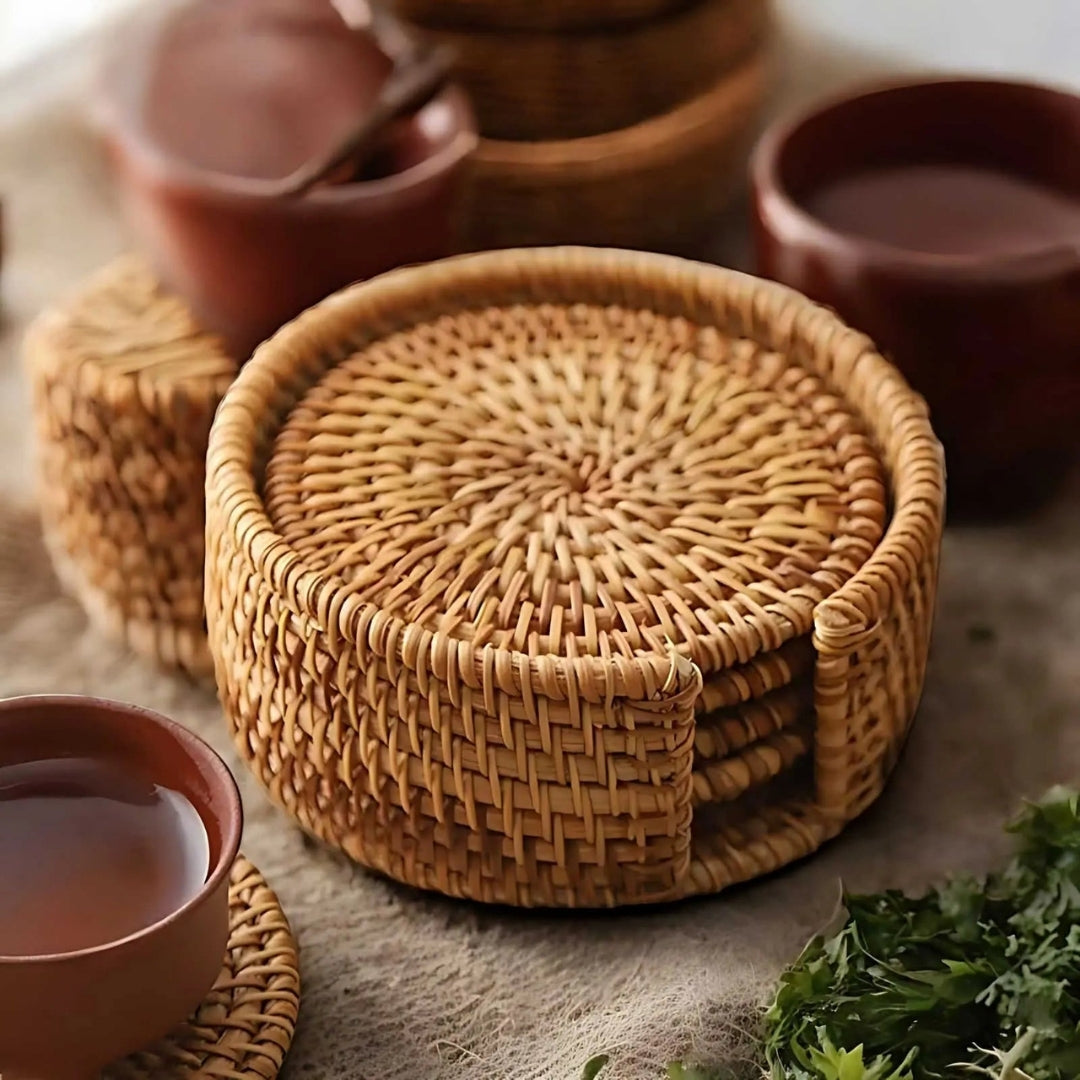 Set of 6 Woven Bamboo Coasters with Holder, Natural Round Table Coasters for Drinks and Coffee | Sansoti