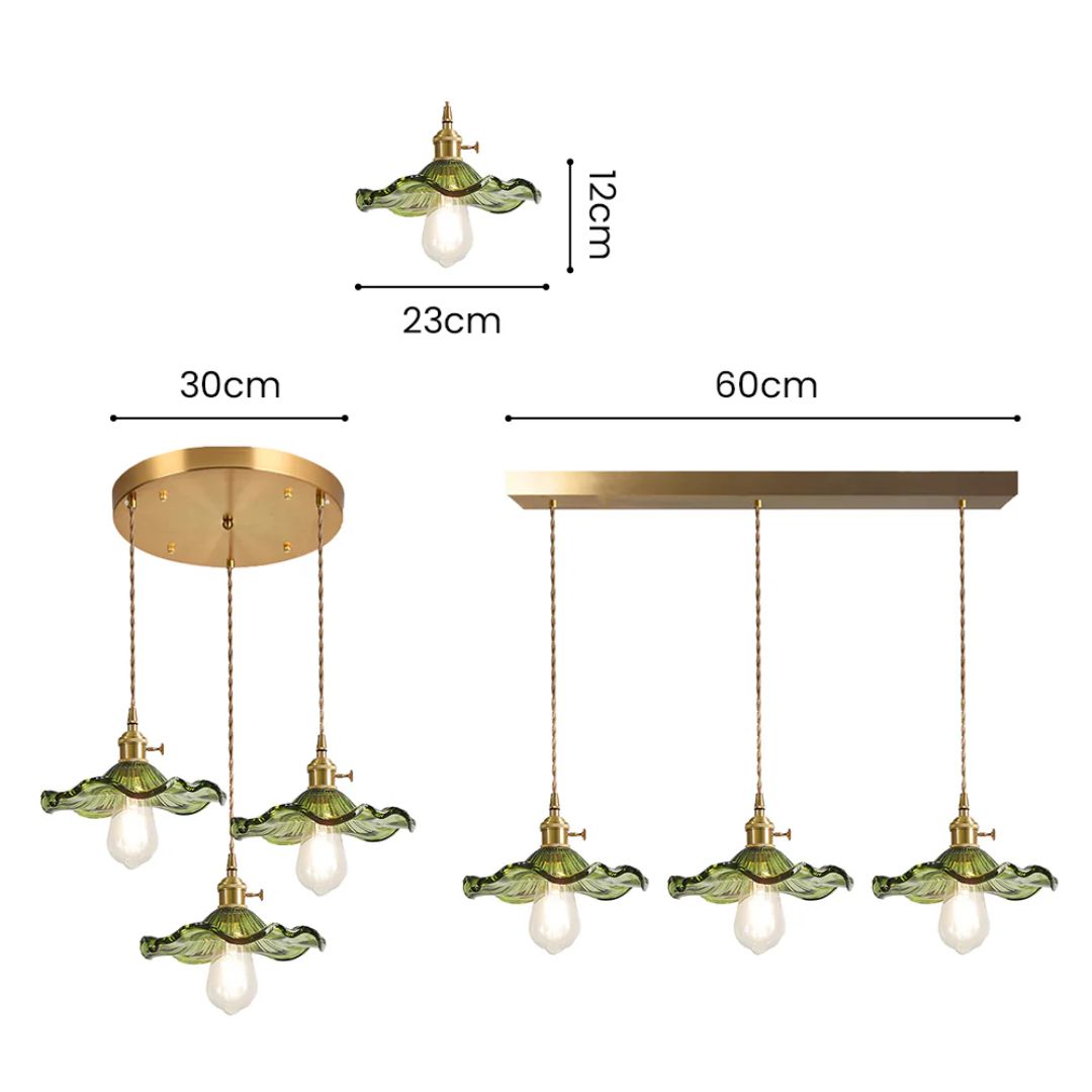 Suspension Verre E27 23cm Vert Laiton Forme fleur Table à manger Chambre Éclairage rétro Vintage | Restfield
