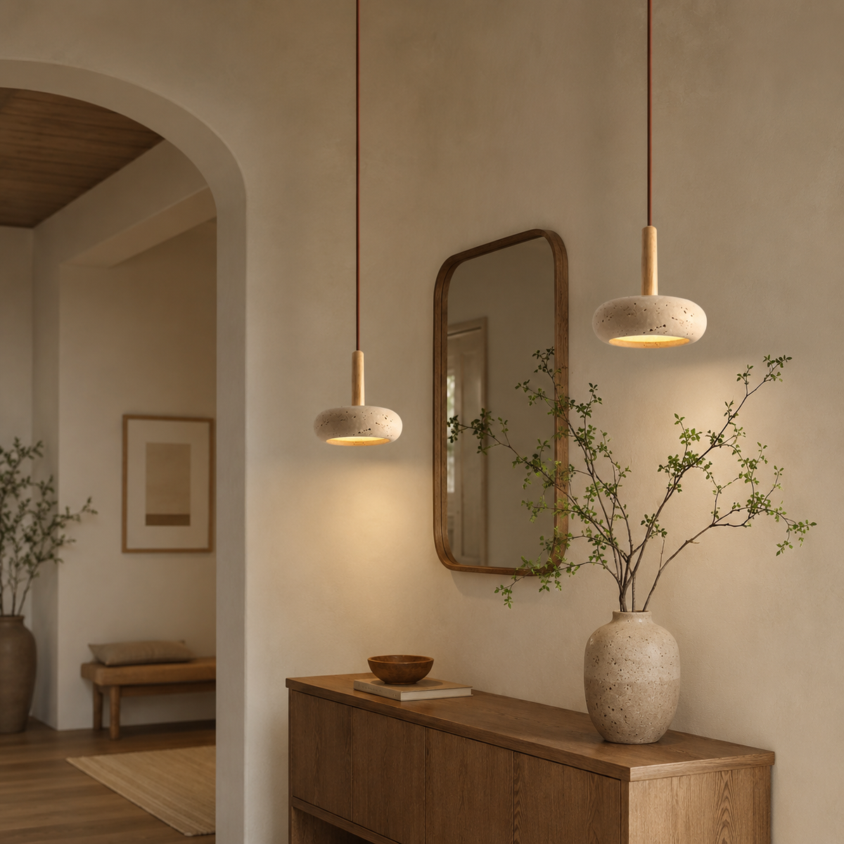 Hanglamp Japanse Stijl LED Natuursteen Hout Verstelbaar Ø15cm Warm Licht Woonkamer Eetkamer Sfeervol | Sansoti
