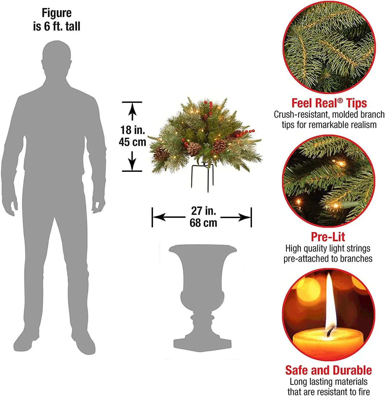Beleuchteter Weihnachtsspray mit Tannenzapfen und Beeren für Urne, Vase, Eingangsbereich, Dekoration, künstlichen Weihnachtsbaum und die Feiertage | Sansoti