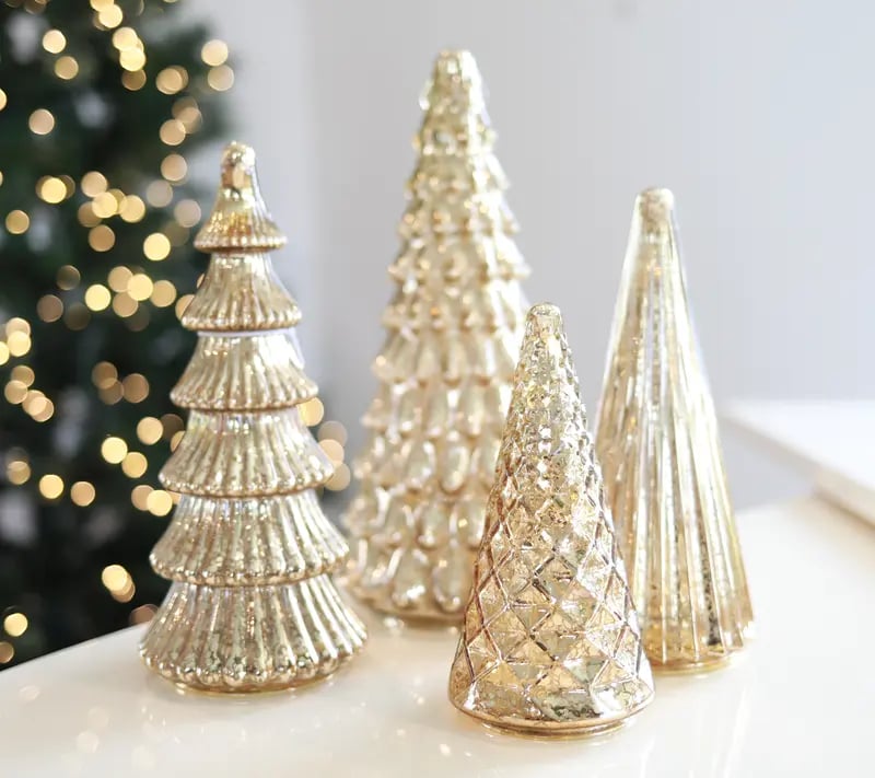 Verlichte Kerstbomen Set 5 Stuks LED Warm Wit Timer Glazen Look Feestelijke Kerstdecoratie Goud Zilver Sfeer | Sansoti