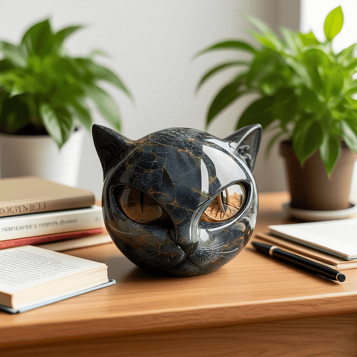 Decoratieve Kattenkop Sculptuur – Glanzende Afwerking met Hypnotiserende Ogen | Sansoti