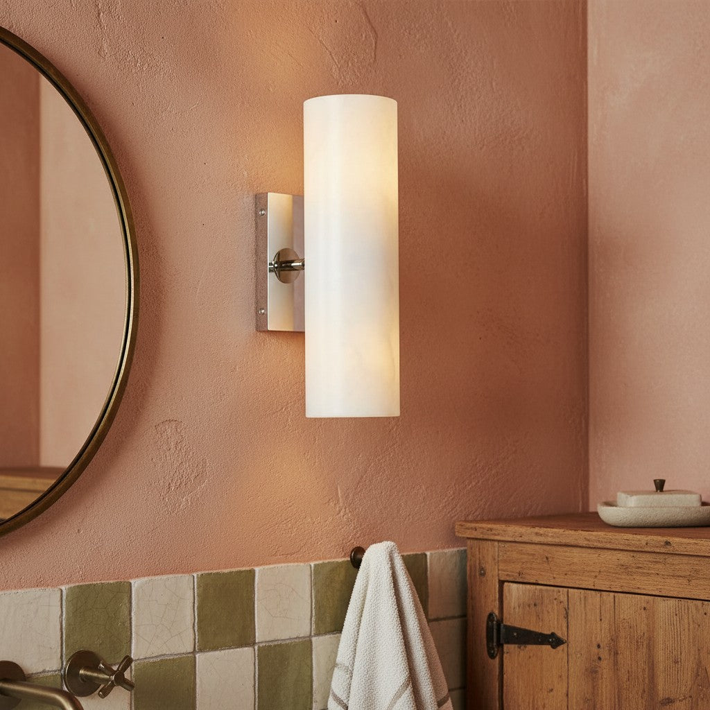 Cilindervormige wandlamp met natuurlijk albast of geribde glazen kap Brons Nikkel Messing | Sansoti