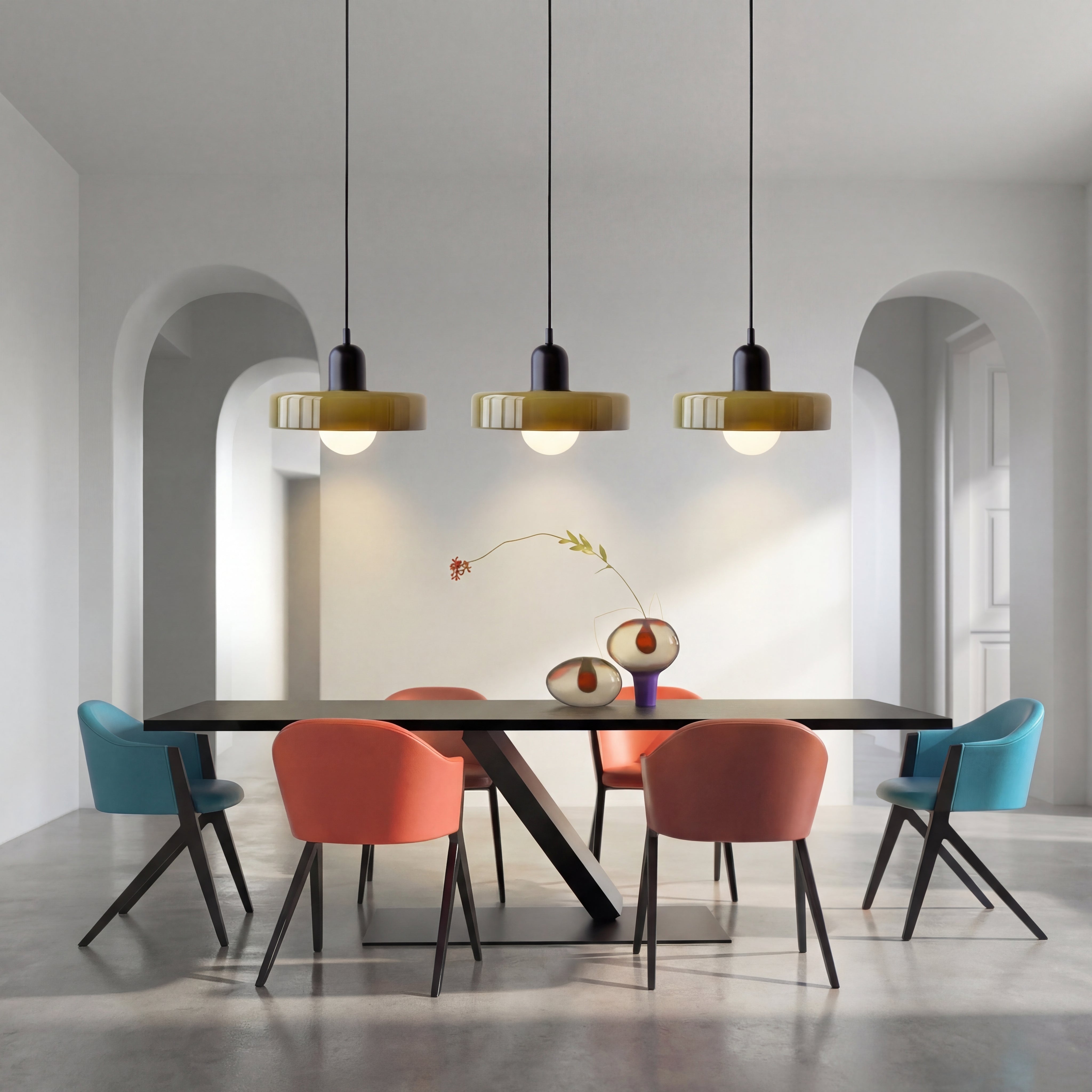 Lampa wisząca z 3 kloszami z kolorowego szkła, design Bauhaus, jadalnia, regulowana, ciepła biel, nowoczesne artystyczne wnętrze | Sansoti
