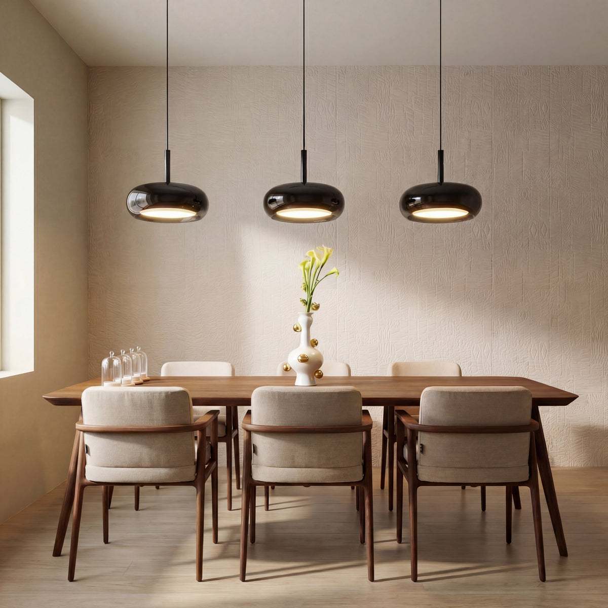 Suspension triple pour îlot de cuisine verre & fer LED réglable design moderne surface d’éclairage 15m² | Sansoti
