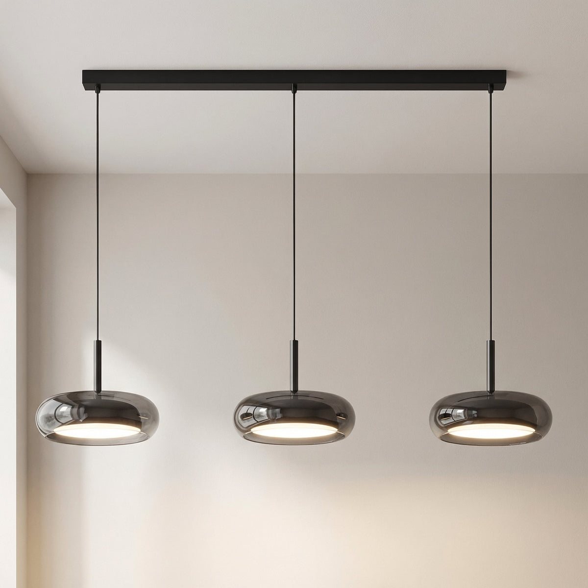 Suspension triple pour îlot de cuisine verre & fer LED réglable design moderne surface d’éclairage 15m² | Sansoti
