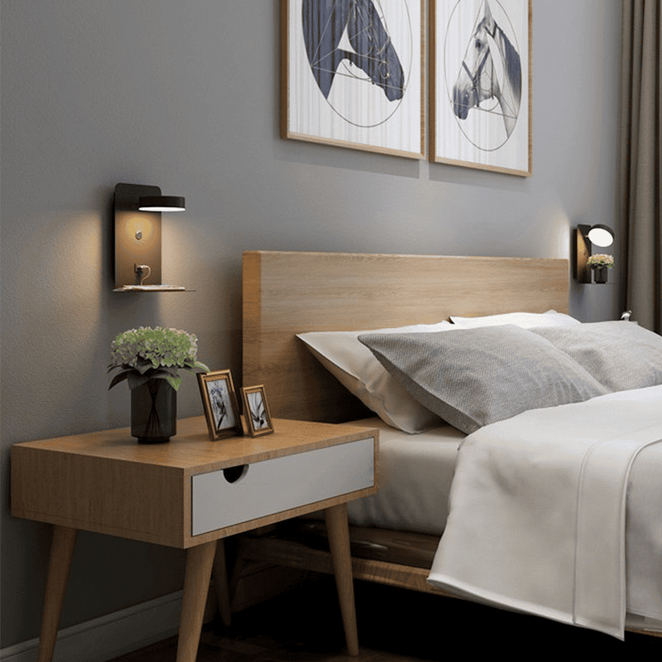 Moderne Wandlampe mit Ladeplatte und USB-Anschluss für Schlafzimmer Bettwandbeleuchtung mit warmem Stimmungslicht | Restfield
