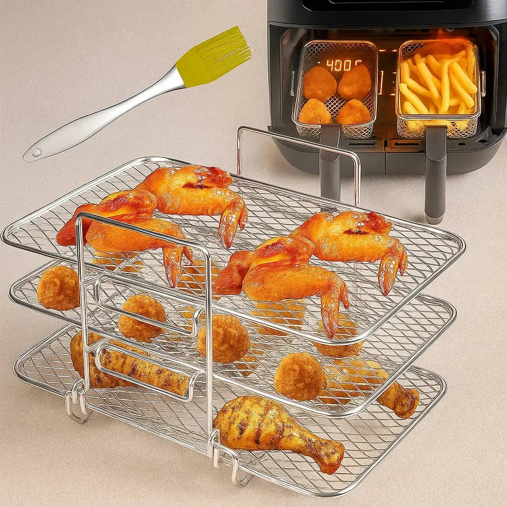 Drielaags Airfryer Rek 22×16×14 cm Roestvrij Staal voor Heteluchtfriteuse Ninja DualZone 8L 10L Uitbreidingsset met Verwijderbare Plateaus | Sansoti