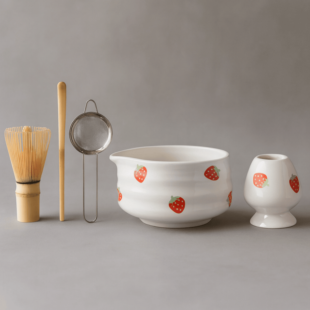 Matcha-Set aus Keramik und Bambus mit Schale, Besen, Sieb, Löffel und Halter, Tee-Zubehör im japanischen Stil für die Zeremonie | Sansoti