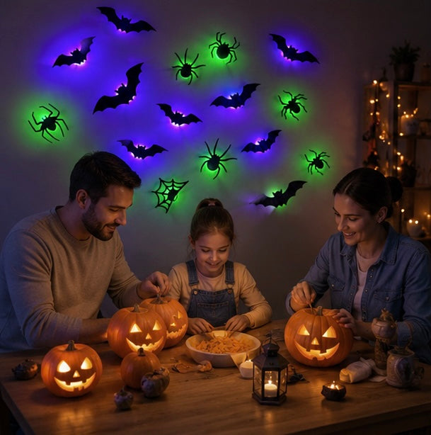 LED-Wandaufkleber Fledermäuse & Spinnen – Leuchtende Halloween-Dekoration 3D-Wanddekoration für Innen- & Außenbereiche | Sansoti