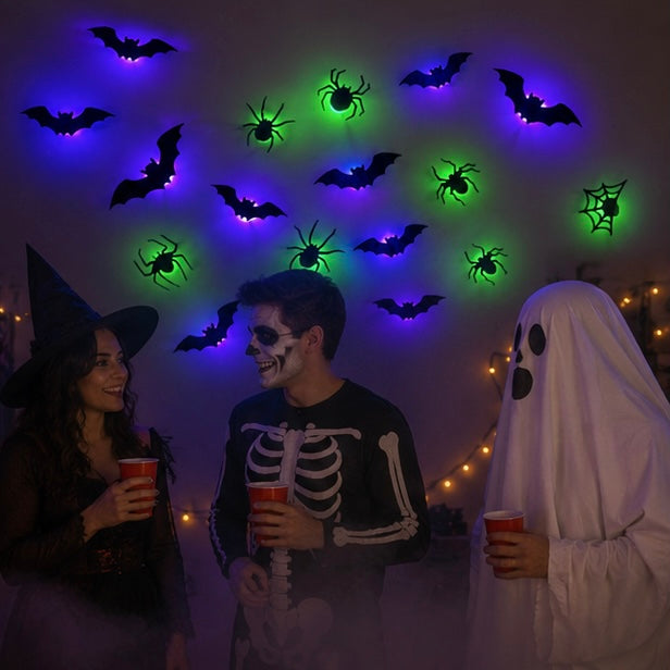 LED-Wandaufkleber Fledermäuse & Spinnen – Leuchtende Halloween-Dekoration 3D-Wanddekoration für Innen- & Außenbereiche | Sansoti