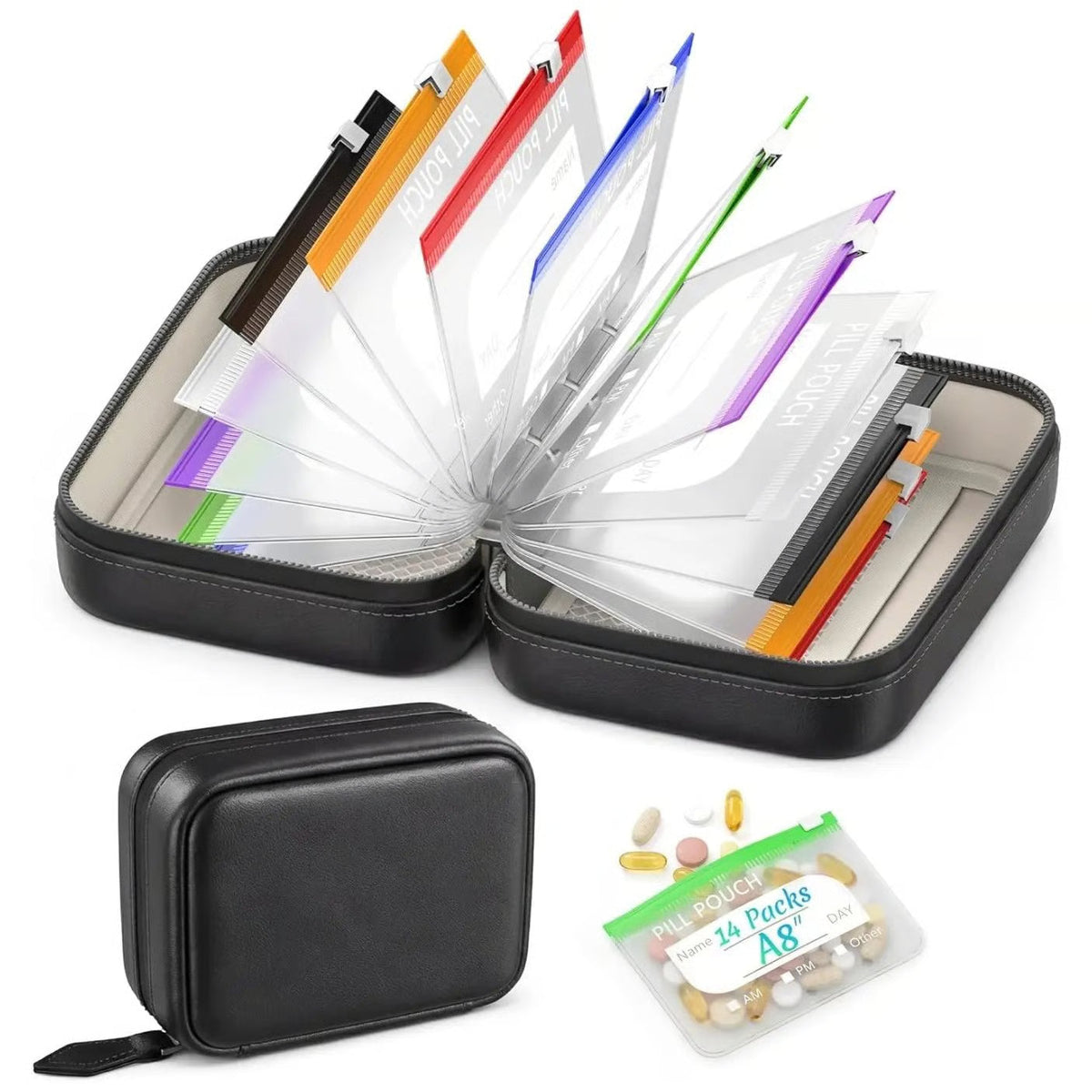 Medikamentenorganizer 14 Fächer Kunstleder-Etui Wochenplaner Tablettenaufbewahrung Reise-Pillendose Reiseorganizer | Sansoti