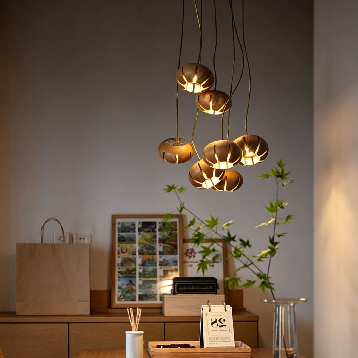 Wooden Cluster Chandelier with Multiple Lights Ceiling Lamp for Dining Room Bedroom Living Room Lighting | Sansoti